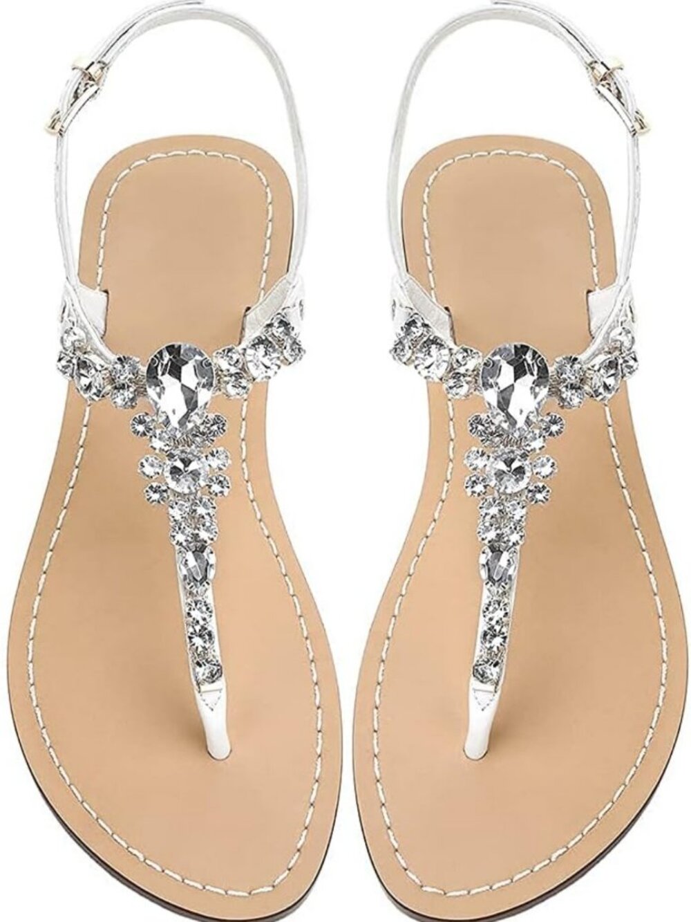 Rhinestone Flat Sandals for Women, Beaded Crystal Flip Flops for Summer Beach